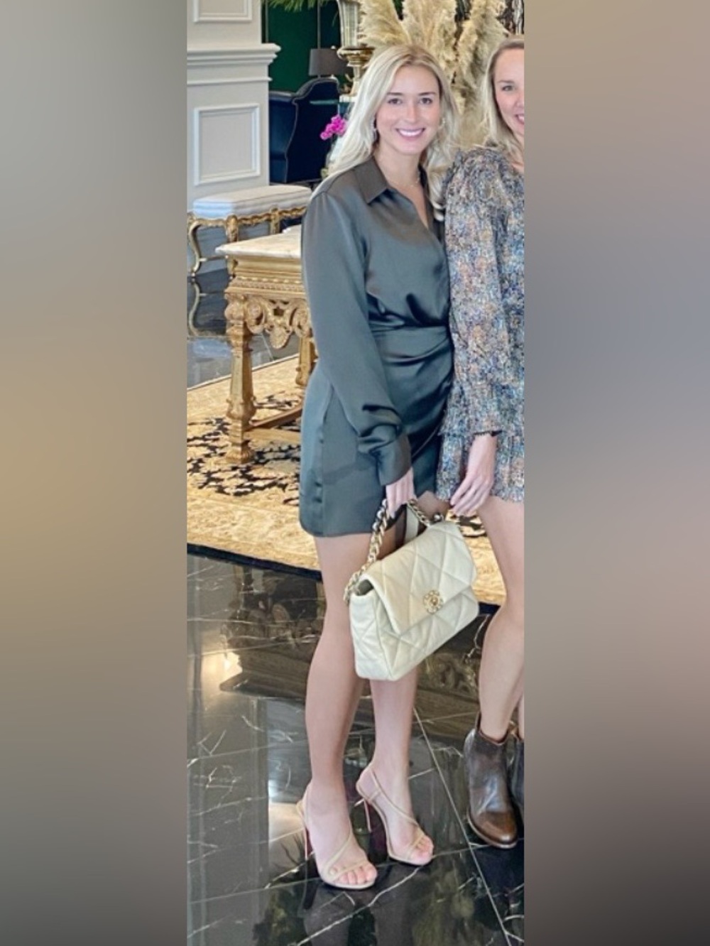Zara Olive Satin Wrap-Style Long Sleeve Tunic